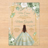 Invitations En Acrylique Sage Vert Floral Papillon Gold Frame Mis Quince (Recto)