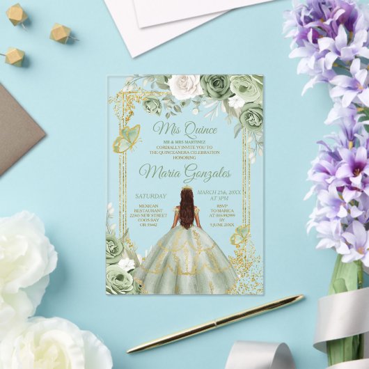 Invitations En Acrylique Sage Vert Floral Papillon Gold Frame Mis Quince (Insitu (Mariage))