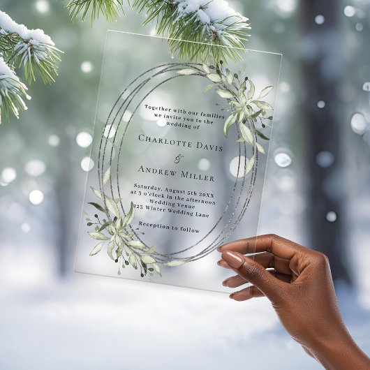 Invitations En Acrylique Sage vert verdure argent cadre clair mariage