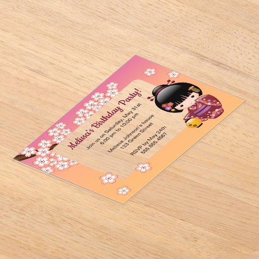 Invitations En Acrylique Sakura Kokeshi Fenêtre transparente Pêche d'annive (Poser)