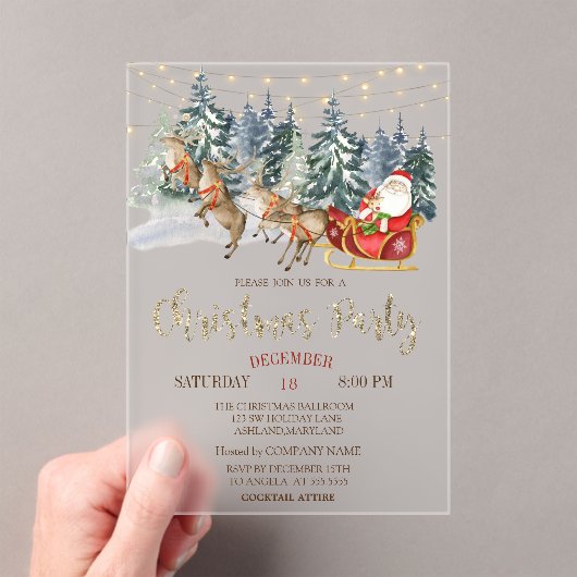 Invitations En Acrylique Santa,Sleigh,Reindeers,Forest Christmas Party (In situ (ordinateur de poche))