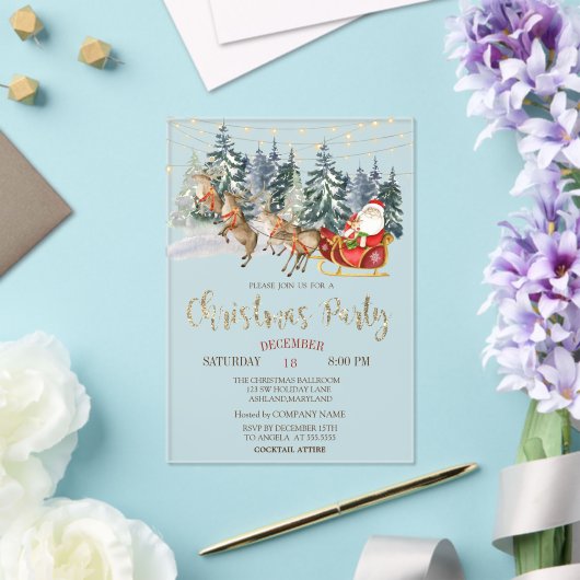 Invitations En Acrylique Santa,Sleigh,Reindeers,Forest Christmas Party (Insitu (Mariage))