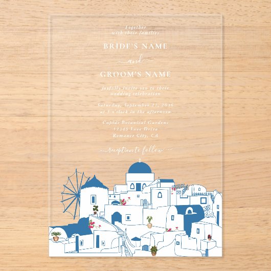 Invitations En Acrylique Santorin Destination Mariage de l'île grecque (Recto)