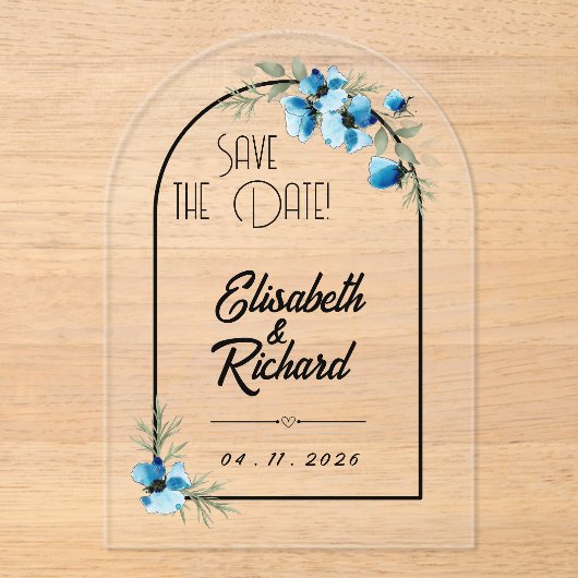 Invitations En Acrylique Save the date "Fleurs bleues" (Recto)