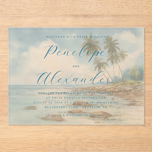 Invitations En Acrylique Scène de plage bleu tranquille (Recto)