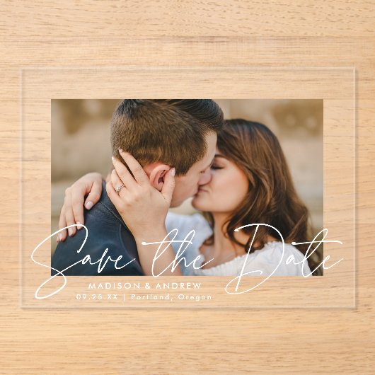 Invitations En Acrylique Script blanc manuscrit moderne Enregistrer la date (Recto)