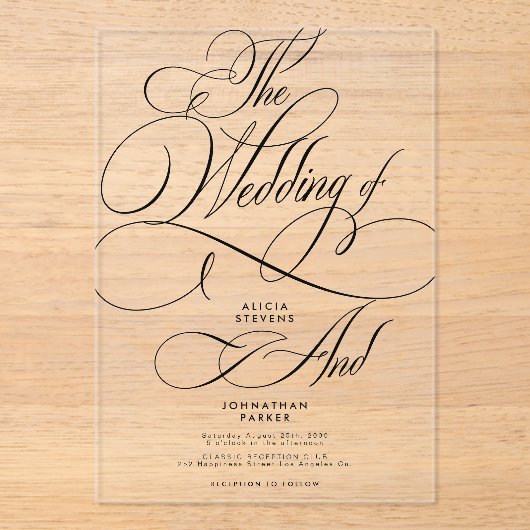 Invitations En Acrylique Script calligraphie classique moderne clair mariag (Recto)