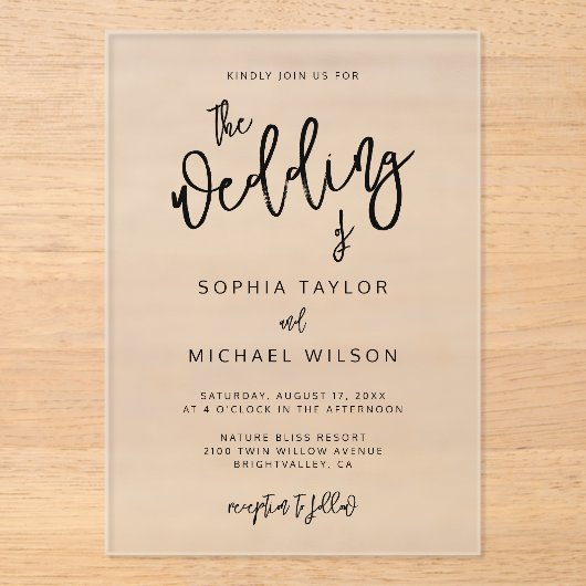 Invitations En Acrylique Script contemporain moderne Mariage noir (Recto)
