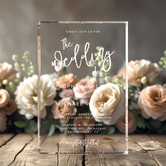 Invitations En Acrylique Script contemporain moderne Mariage noir blanc