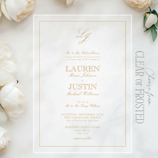 Invitations En Acrylique Script de calligraphie or classique Monogramme Mar