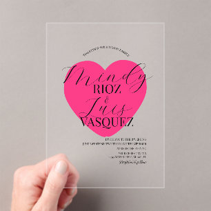 Invitations En Acrylique Script de mariage moderne Cœur noir rose