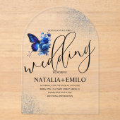 Invitations En Acrylique Script de papillon bleu moderne Mariage minimal (Recto)