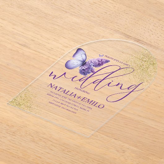 Invitations En Acrylique Script de papillon violet moderne Mariage minimal (Poser)