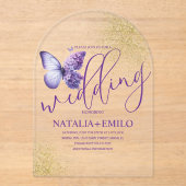 Invitations En Acrylique Script de papillon violet moderne Mariage minimal (Recto)