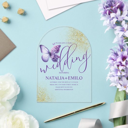 Invitations En Acrylique Script de papillon violet moderne Mariage minimal (Insitu (Mariage))