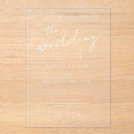 Invitations En Acrylique Script de signature moderne Mariage noir blanc (Recto)