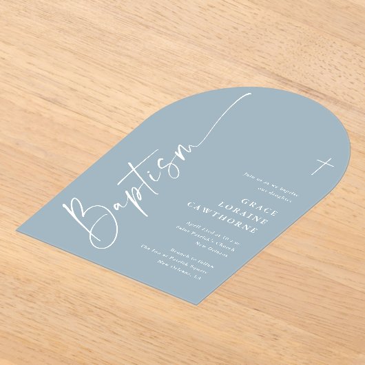 Invitations En Acrylique Script élégant moderne Dusty Blue Boys Baptême (Poser)