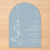 Invitations En Acrylique Script élégant moderne Dusty Blue Boys Baptême (Recto)