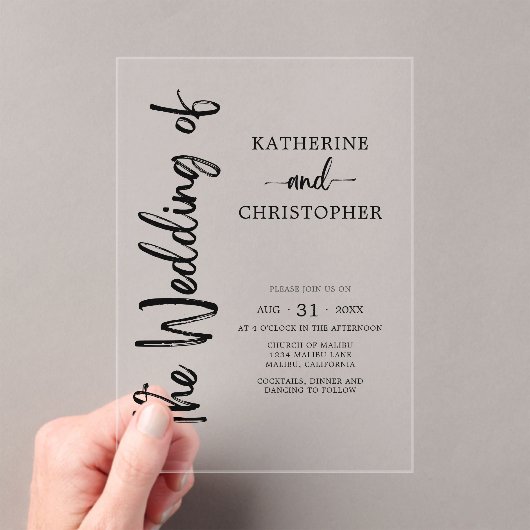 Invitations En Acrylique Script formel noir blanc élégant mariage clair (In situ (ordinateur de poche))