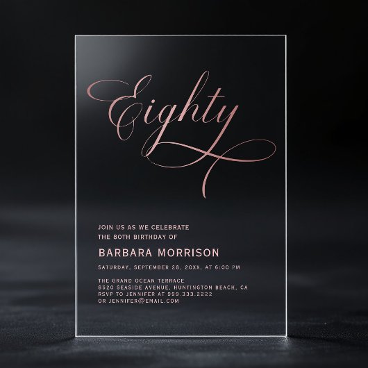 Invitations En Acrylique Script Huitième Rose noir or 80e anniversaire