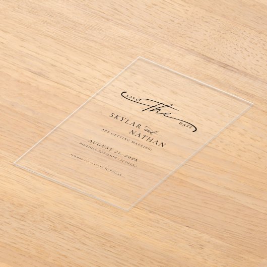 Invitations En Acrylique Script Mariage Simple Élégant Enregistrer La Date  (Poser)
