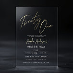 Invitations En Acrylique Script minimaliste Elegant Gold 21e anniversaire<br><div class="desc">Célébrez un jalon dans le style avec l'Elegant minimaliste Gold Script 21st Birthday Acryllique Invitation. Cette invitation élégante et moderne présente un design de script or sophistiqué sur une carte acrylique claire, parfait pour une célébration chic et élégante du 21ème anniversaire. Son esthétique minimaliste assure une touche intemporelle et classe...</div>