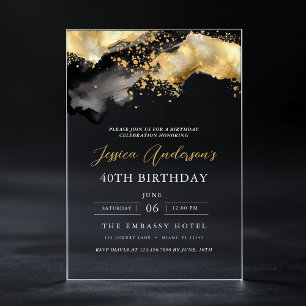 Invitations En Acrylique Script minimaliste noir et or 40e anniversaire