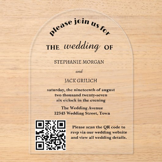 Invitations En Acrylique Script moderne élégant QR Code Mariage budget (Recto)