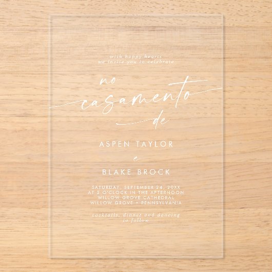 Invitations En Acrylique Script moderne Mariage portugais blanc (Recto)