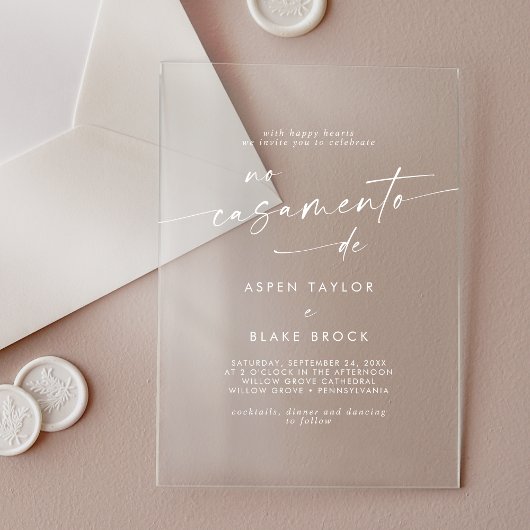 Invitations En Acrylique Script moderne Mariage portugais blanc