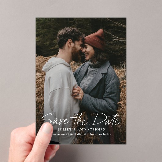 Invitations En Acrylique Script moderne Photo Mariage simple Enregistrer la (In situ (ordinateur de poche))