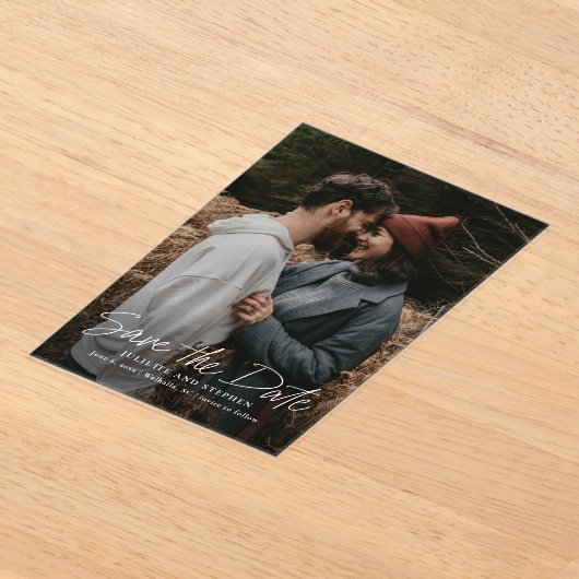 Invitations En Acrylique Script moderne Photo Mariage simple Enregistrer la (Poser)