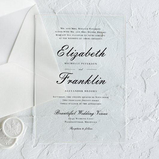 Invitations En Acrylique Script Orné Mariage noir et blanc