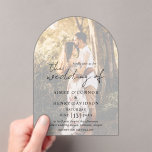 Invitations En Acrylique Script rustique Photo Mariage moderne<br><div class="desc">Faire-part de mariage photo moderne avec un design simple avec "le mariage de" dans un style rustique typographie script avec vos détails mariages sur votre photo préférée avec une superposition opaque. Cette élégante invitation à la disposition minimaliste est idéale pour tout type de mariage.</div>