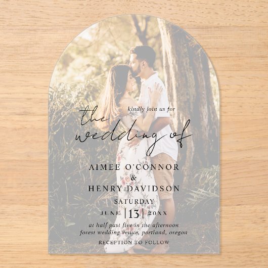 Invitations En Acrylique Script rustique Photo Mariage moderne (Recto)