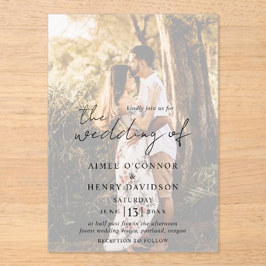 Invitations En Acrylique Script rustique Photo Mariage moderne (Recto)