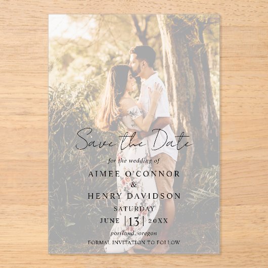 Invitations En Acrylique Script rustique Photo Mariage moderne Enregistrer  (Recto)