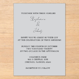 Invitations En Acrylique Script Simple Gris Élégant Minimaliste Mariage