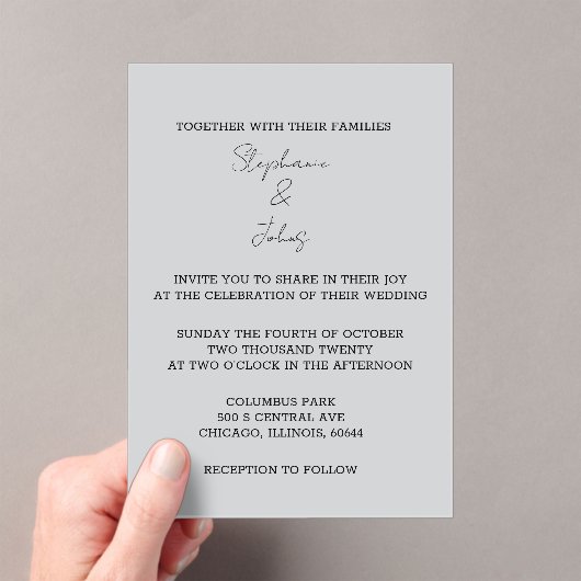 Invitations En Acrylique Script simple gris gris élégant Mariage minimal (In situ (ordinateur de poche))