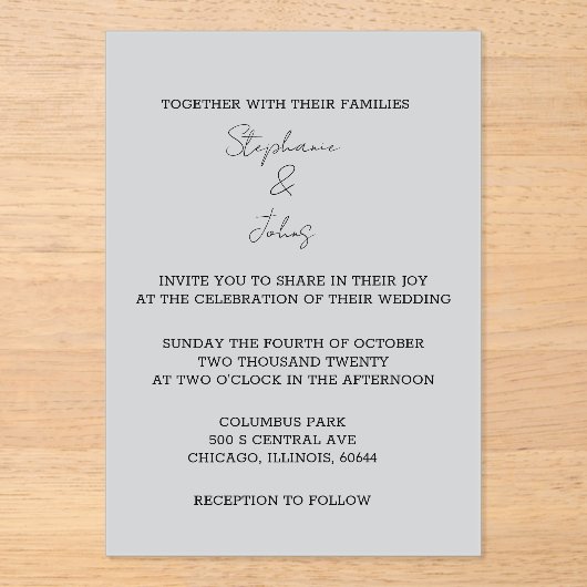 Invitations En Acrylique Script simple gris gris élégant Mariage minimal (Recto)