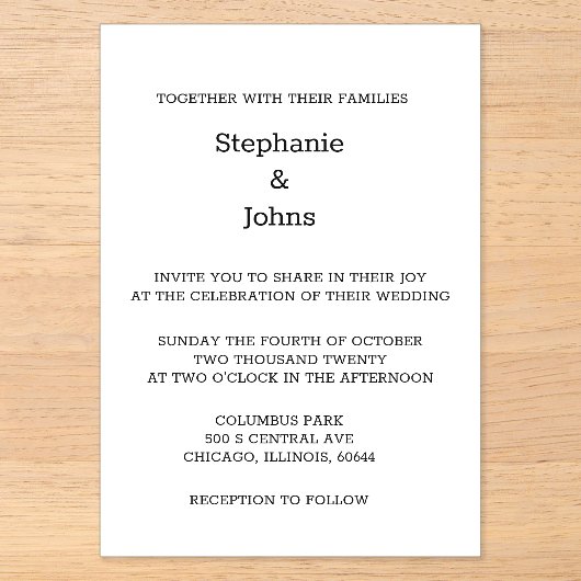 Invitations En Acrylique Script Simple Mariage Élégant Noir Blanc (Recto)