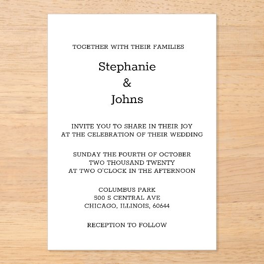 Invitations En Acrylique Script Simple Noir Blanc Minimal Mariage élégant (Recto)