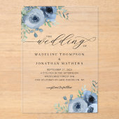 Invitations En Acrylique Script Whimsical Floral Dusty Blue Mariage (Recto)