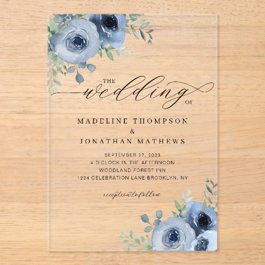 Invitations En Acrylique Script Whimsical Floral Dusty Blue Mariage (Recto)