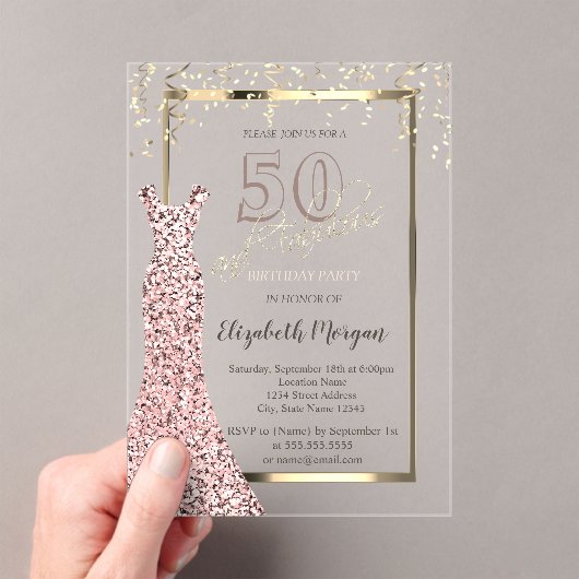 Invitations En Acrylique Sequins Robe Rose Or 50e Anniversaire (In situ (ordinateur de poche))