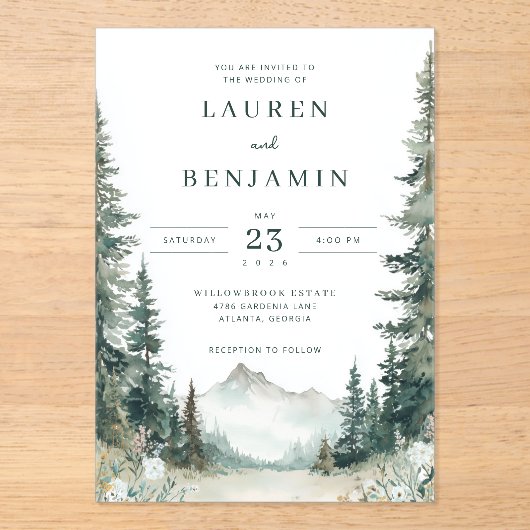 Invitations En Acrylique Serene Mountain Wedding (Recto)