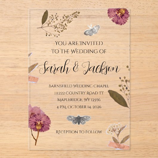 Invitations En Acrylique Shabby Chic Mariage Pressé Fleurs Mariage Invitati (Recto)