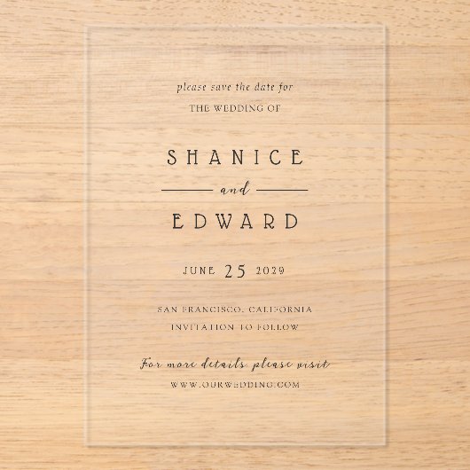 Invitations En Acrylique Shanice Mariage moderne Enregistrer la date (Recto)