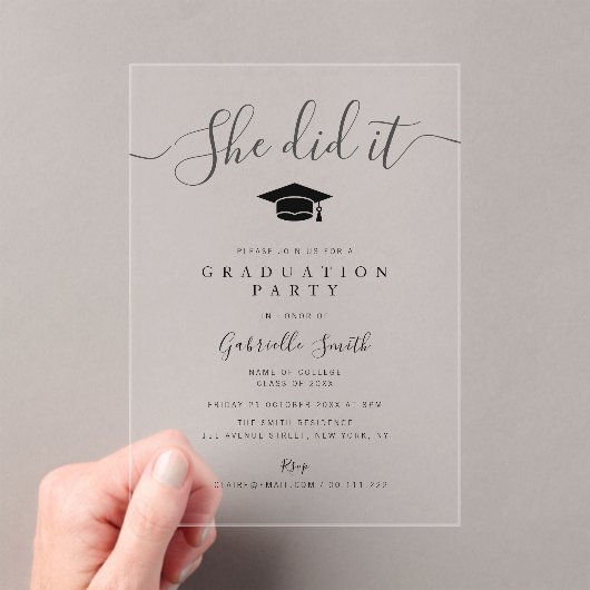 Invitations En Acrylique SHE DID IT! Modern Script Graduation Party (In situ (ordinateur de poche))