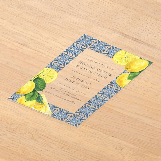 Invitations En Acrylique Sicilienne Carrelage bleu méditerranéen Citron Mar (Poser)